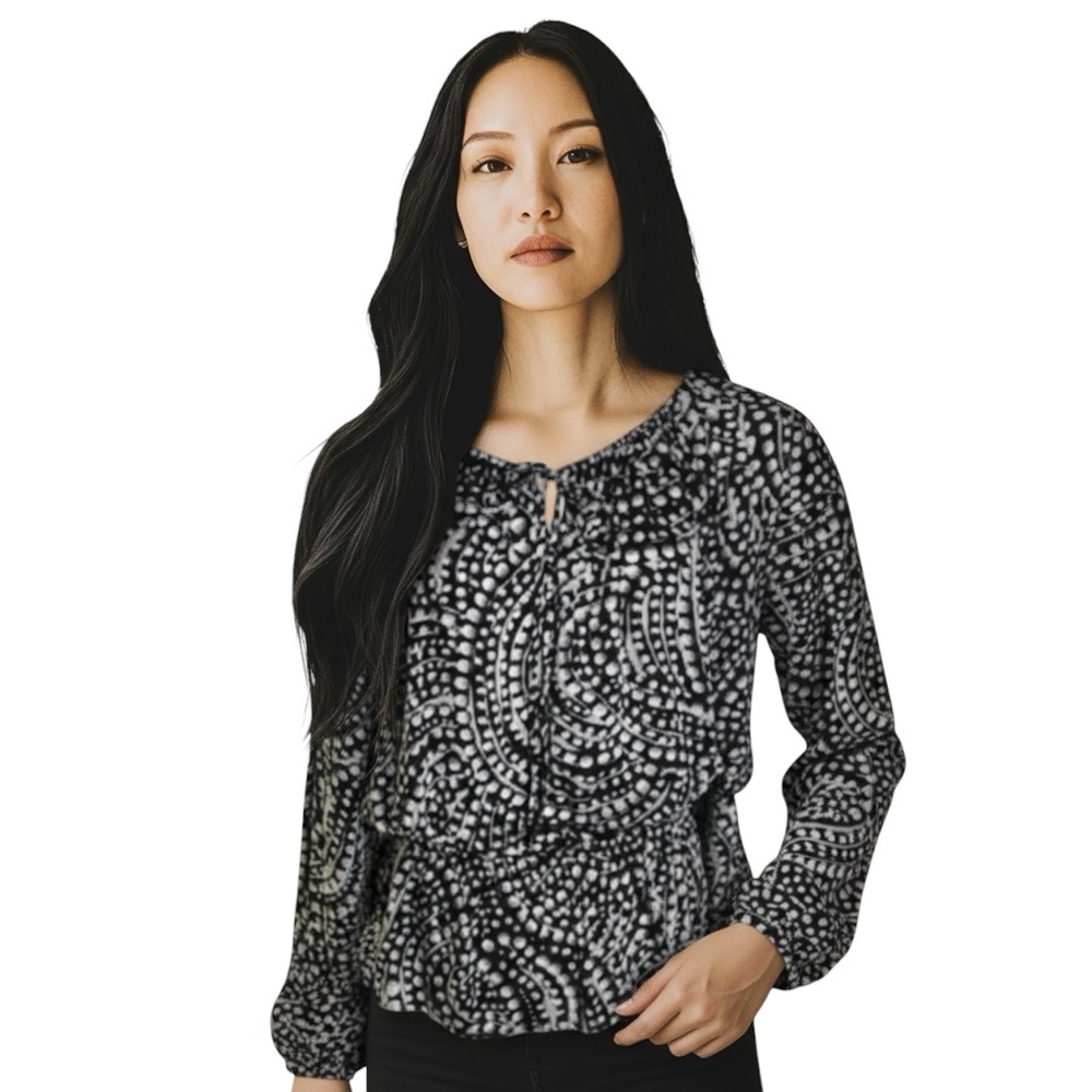 NWOT Ellen Tracy Abstract Relaxed Fit Elastic Waist Black & Gray Top Size L